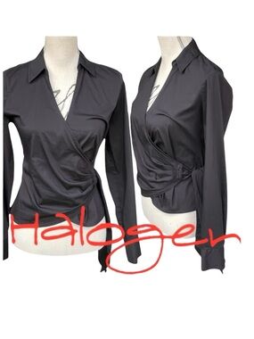 Halogen Black Stretch Cotton V-Neck Collared Long Sleeve Wrap Blouse Top (XS)